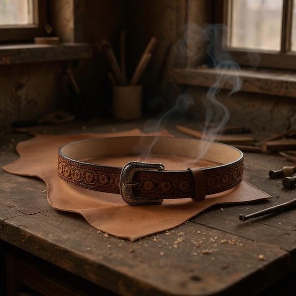 LA PLEBE BOOTS Men's Western Leather Belt Brown Size 38 Adjustable. NW/oT - Picture 5 of 7